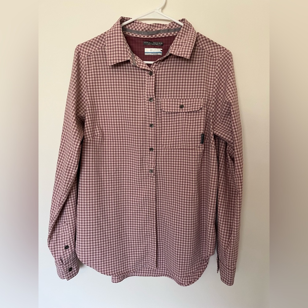 Columbia Omni-Shield Womens Long Sleeve Button Down Shirt Purple Check Medium